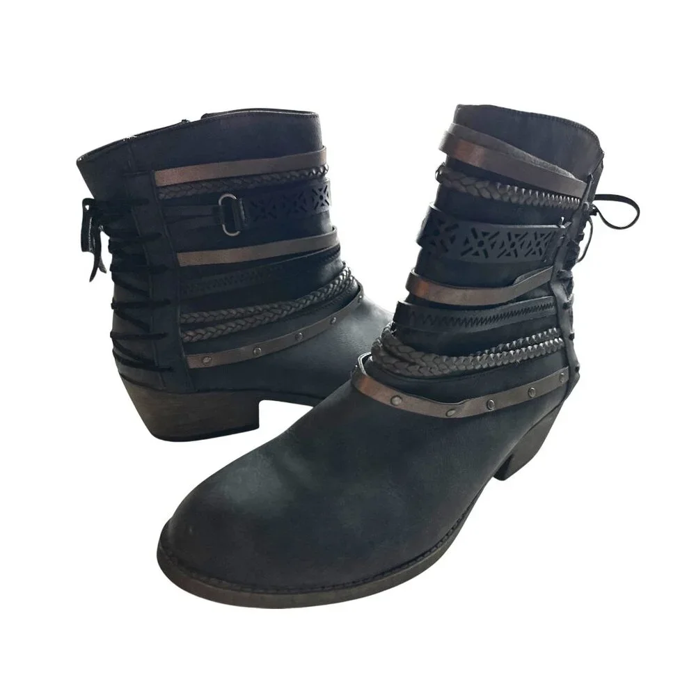 Jellypop Black Ankle Boots Dorothy Heeled Braided & Studded Straps Western 11